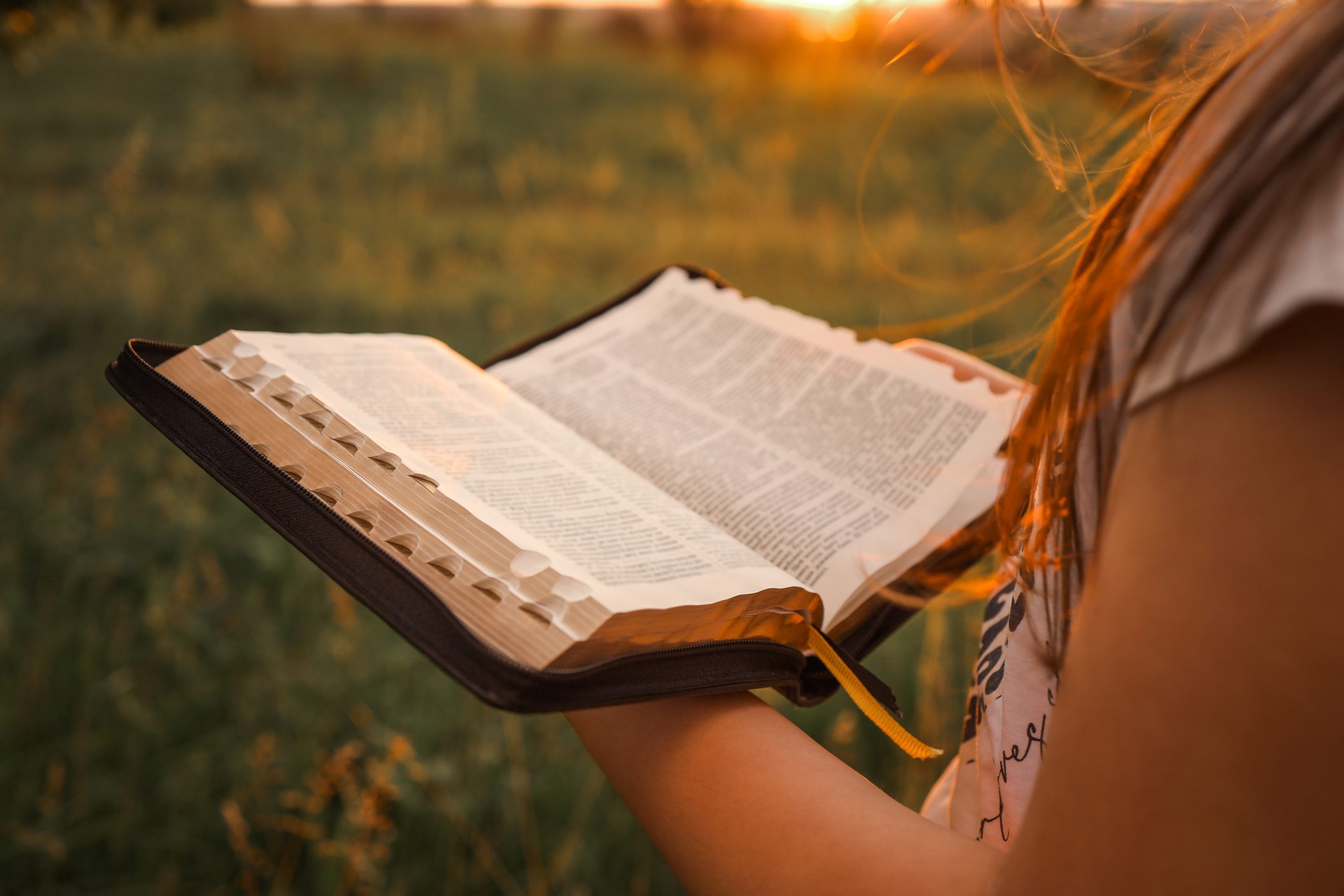 Person reading a book outdoors at sunset.