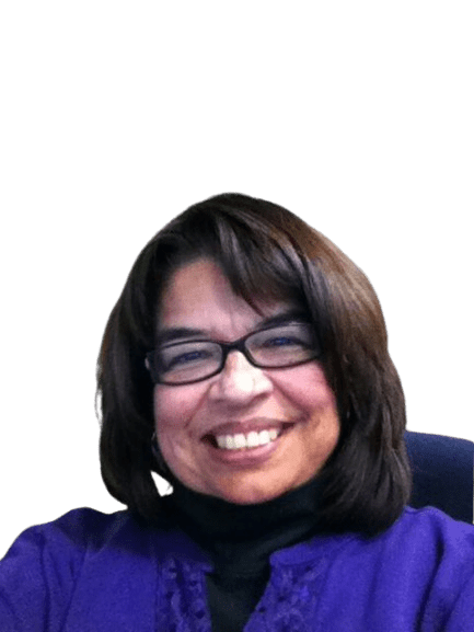 Smiling person with glasses on black background.
